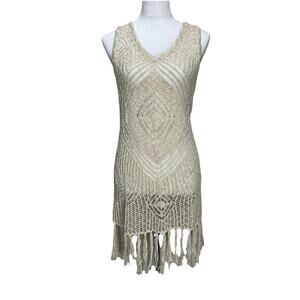 Crochet Tan Women’s Bathing Suit Cover Up By Wrangler Size Medium Fringe Boho